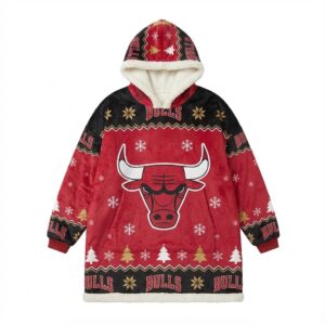 Chicago Bulls NBA Sherpa Hoodie Blanket – “See Red” Legendary Festive Holiday Snuggle Pullover