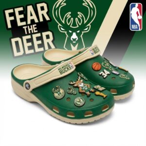 Milwaukee Bucks NBA Crocs Clogs – “Fear The Deer” Green Cream Dominating Fan Footwear