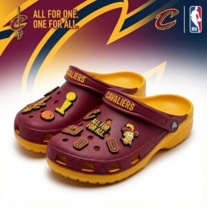 Cleveland Cavaliers NBA Crocs Clogs – “All For One” Wine Gold Ferocious Fan Footwear