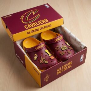 Cleveland Cavaliers NBA Crocs Clogs – “All For One” Wine Gold Ferocious Fan Footwear
