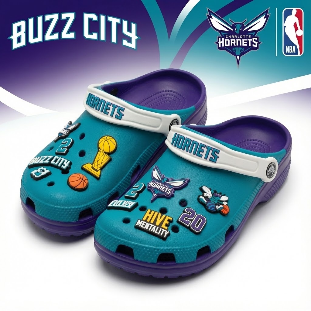 Charlotte Hornets NBA Crocs Clogs – “Buzz City” Teal Purple High-Flying Jibbitz Set