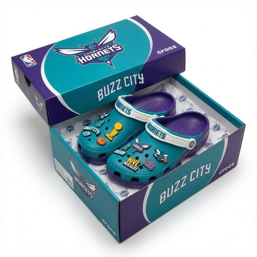 Charlotte Hornets NBA Crocs Clogs – “Buzz City” Teal Purple High-Flying Jibbitz Set