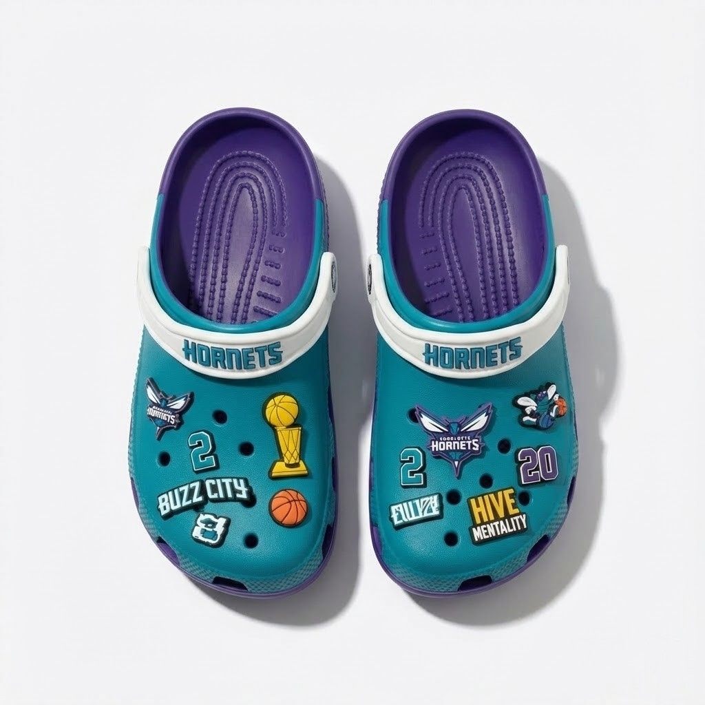 Charlotte Hornets NBA Crocs Clogs – “Buzz City” Teal Purple High-Flying Jibbitz Set