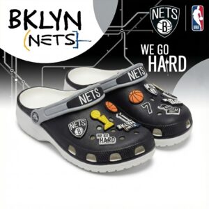Brooklyn Nets NBA Crocs Clogs – “We Go Hard” Black White Relentless Jibbitz Set