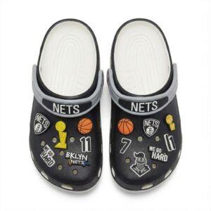 Brooklyn Nets NBA Crocs Clogs – “We Go Hard” Black White Relentless Jibbitz Set