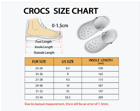 Size guide kids crocs