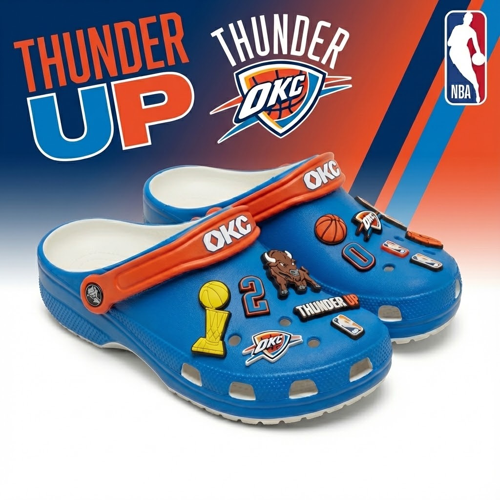 OKC Thunder NBA Crocs Clogs – “Thunder Up” Blue Orange Electrifying Jibbitz Set