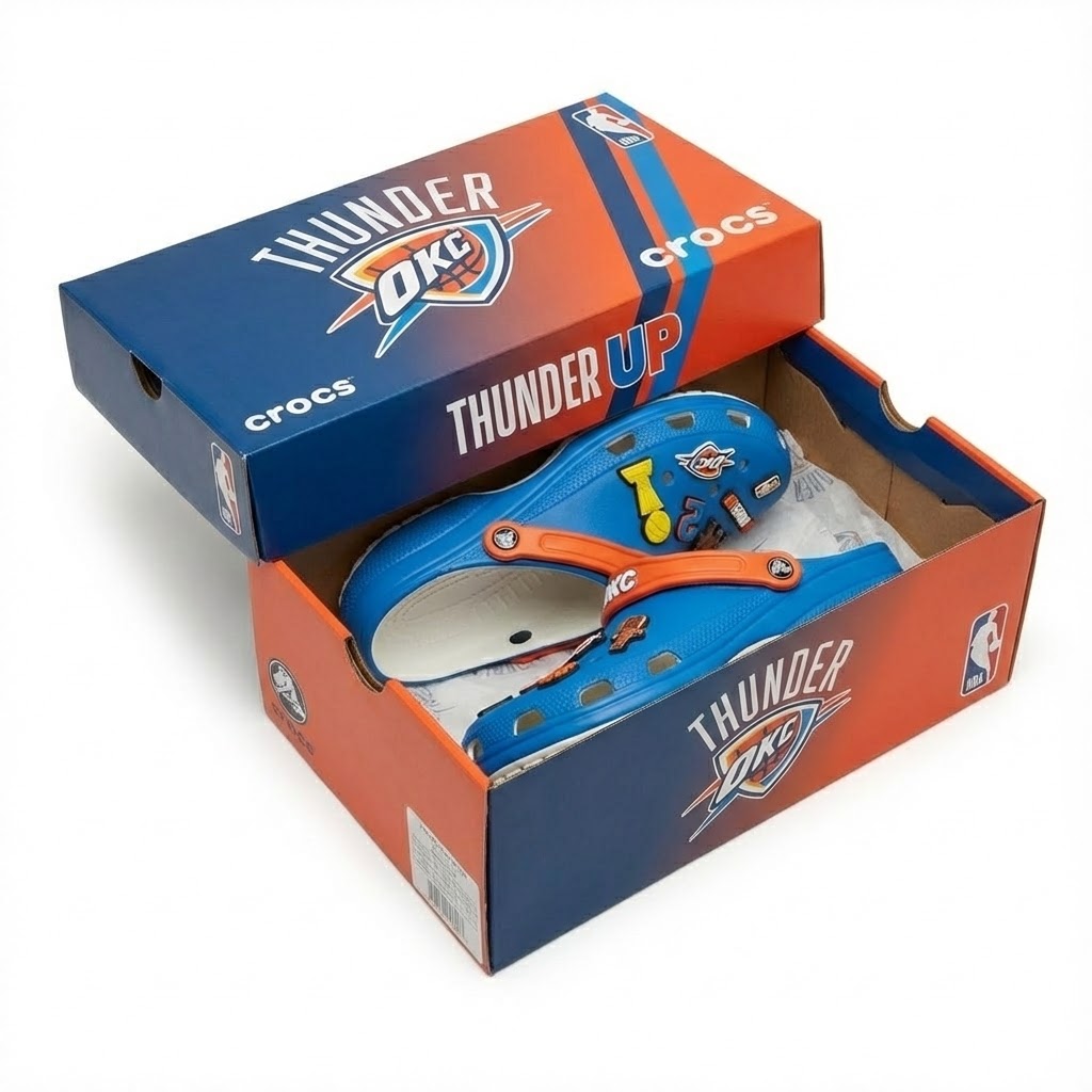 OKC Thunder NBA Crocs Clogs – “Thunder Up” Blue Orange Electrifying Jibbitz Set