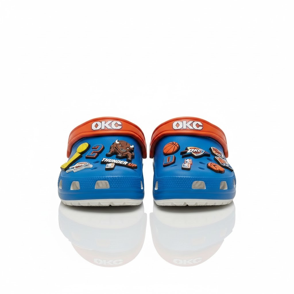 OKC Thunder NBA Crocs Clogs – “Thunder Up” Blue Orange Electrifying Jibbitz Set