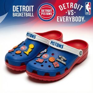 Detroit Pistons NBA Crocs Clogs – “Vs Everybody” Red Blue Piston Power Fan Footwear