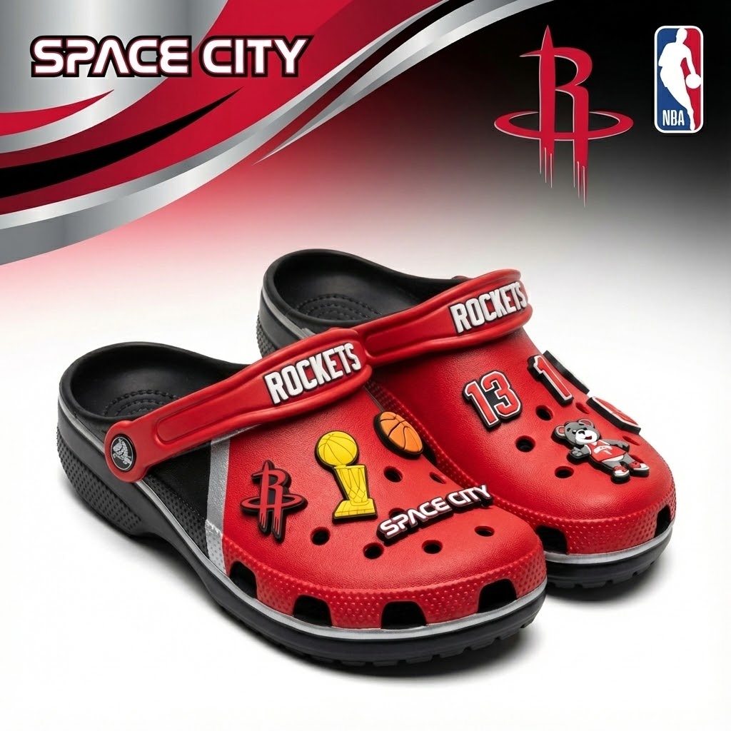 Houston Rockets NBA Crocs Clogs – “Space City” Red Black Explosive Jibbitz Set