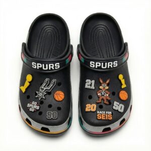 San Antonio Spurs NBA Crocs Clogs – “Go Spurs Go” Black Neon Legendary Fan Footwear