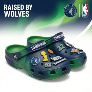 Minnesota Timberwolves NBA Crocs Clogs – “Raised By Wolves” Green Blue Ferocious Fan Footwear