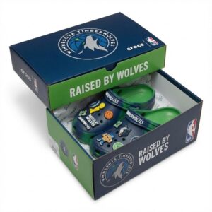 Minnesota Timberwolves NBA Crocs Clogs – “Raised By Wolves” Green Blue Ferocious Fan Footwear
