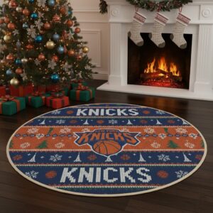 New York Knicks Ugly Christmas Round Rug – 27'' NBA Ugly Sweater Style Holiday Mat