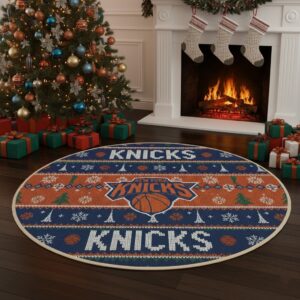 New York Knicks Ugly Christmas Round Rug – 27'' NBA Ugly Sweater Style Holiday Mat