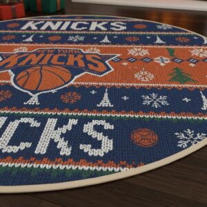 New York Knicks Ugly Christmas Round Rug – 27'' NBA Ugly Sweater Style Holiday Mat