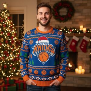 New York Knicks Ugly Christmas Sweater – Biscuit Holiday Edition Blue & Orange Basketball Jumper NBA Fan