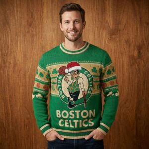 Boston Celtics Ugly Christmas Sweater – Lucky The Leprechaun Holiday Knit Green Shamrock Fan Apparel NBA