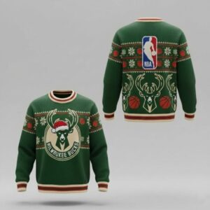Milwaukee Bucks Ugly Christmas Sweater – Deer Head Santa Hat Jumper Green & Cream Knitted Fan Gear NBA
