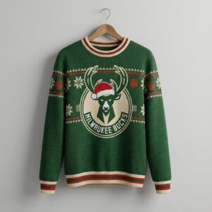 Milwaukee Bucks Ugly Christmas Sweater – Deer Head Santa Hat Jumper Green & Cream Knitted Fan Gear NBA