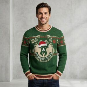 Milwaukee Bucks Ugly Christmas Sweater – Deer Head Santa Hat Jumper Green & Cream Knitted Fan Gear NBA