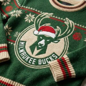 Milwaukee Bucks Ugly Christmas Sweater – Deer Head Santa Hat Jumper Green & Cream Knitted Fan Gear NBA