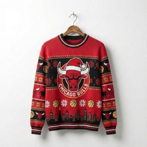 Chicago Bulls Ugly Christmas Sweater – Santa Bull Skyline Jumper Red & Black Iconic Fan Apparel NBA