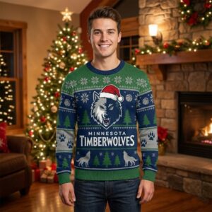 Minnesota Timberwolves Ugly Christmas Sweater – Howling Wolf Green & Blue Winter Theme Fan Gear NBA