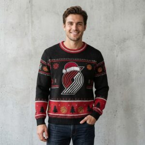Portland Trail Blazers Ugly Christmas Sweater – Rip City Holiday Knit Red & Black Logo Christmas Apparel NBA