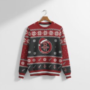 Houston Rockets Ugly Christmas Sweater – NBA Rocket Ship Holiday Jumper Red & Black Snowflake Fan Gear