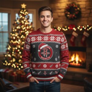 Houston Rockets Ugly Christmas Sweater – NBA Rocket Ship Holiday Jumper Red & Black Snowflake Fan Gear