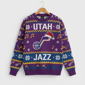 Utah Jazz Ugly Christmas Sweater – Purple Mountain Jazz Note Knit Retro Musical Theme