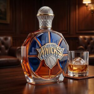 New York Knicks Whiskey Decanter - NBA Basketball Design Cityscape Glass Bottle