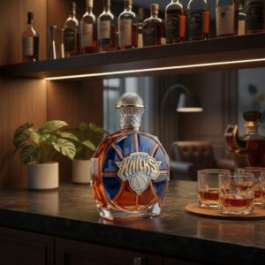 New York Knicks Whiskey Decanter - NBA Basketball Design Cityscape Glass Bottle