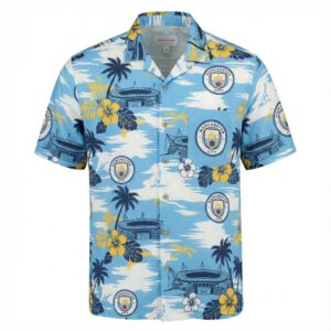 Manchester City Hawaiian Shirt - Tropical Palm Tree Etihad Stadium Print