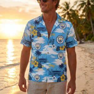 Manchester City Hawaiian Shirt - Tropical Palm Tree Etihad Stadium Print