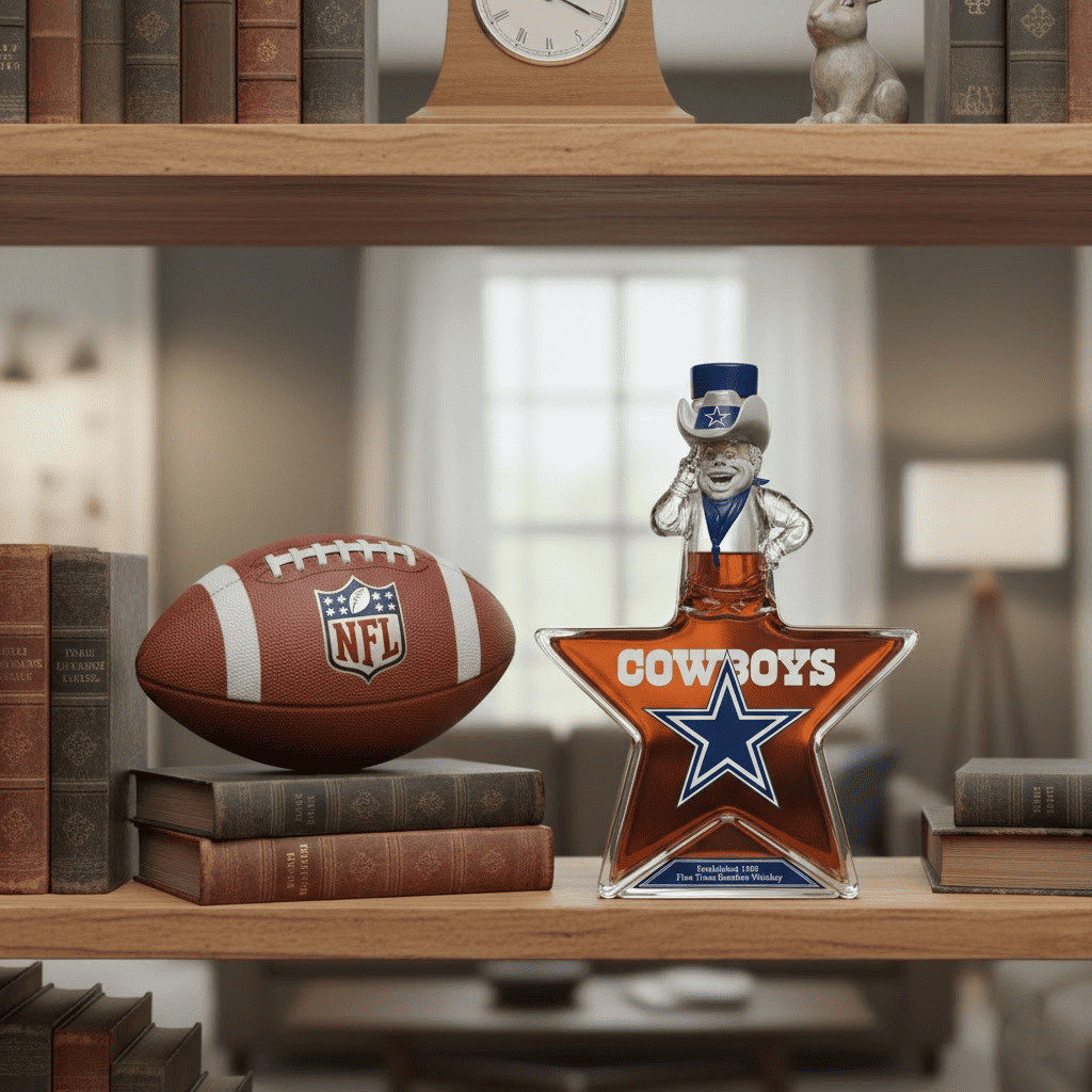 Dallas Cowboys Whiskey Bottle - NFL Star Shaped Bourbon Decanter with Mascot Stopper - Front View