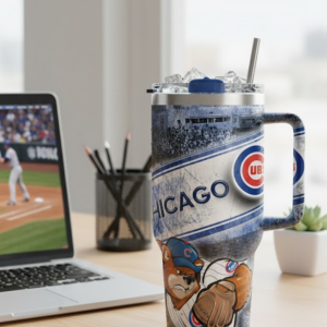 Chicago Cubs Baseball Tumbler - Distressed Wrigley Field & Mascot Travel Mug
