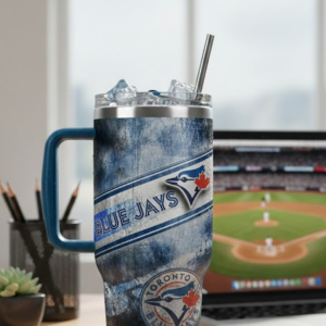 Toronto Blue Jays Insulated Tumbler with Handle - Distressed Grunge Stainless Steel Drinkware with Straw