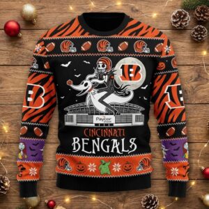 Cincinnati Bengals Nightmare Before Christmas Sweater - NFL Jack Skellington Ugly Christmas Holiday Sweater