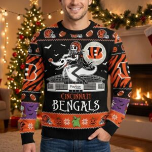 Cincinnati Bengals Nightmare Before Christmas Sweater - NFL Jack Skellington Ugly Christmas Holiday Sweater