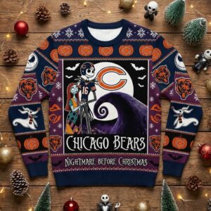 Chicago Bears Nightmare Before Christmas Sweater - NFL Jack Skellington and Sally Ugly Holiday Sweater
