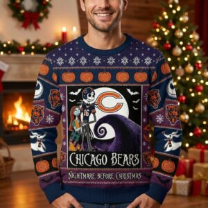 Chicago Bears Nightmare Before Christmas Sweater - NFL Jack Skellington and Sally Ugly Holiday Sweater