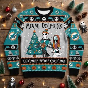 Miami Dolphins Nightmare Before Christmas Sweater - Jack Skellington and Sally Ugly Christmas Sweater