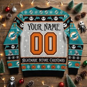 Miami Dolphins Nightmare Before Christmas Sweater - Jack Skellington and Sally Ugly Christmas Sweater
