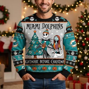 Miami Dolphins Nightmare Before Christmas Sweater - Jack Skellington and Sally Ugly Christmas Sweater