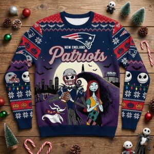 New England Patriots Nightmare Before Christmas Sweater - Jack Skellington Sally Ugly Christmas Sweater