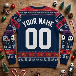New England Patriots Nightmare Before Christmas Sweater - Jack Skellington Sally Ugly Christmas Sweater