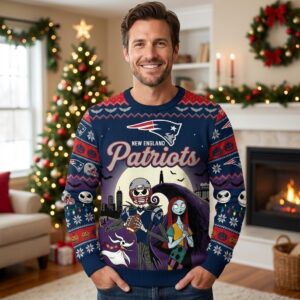 New England Patriots Nightmare Before Christmas Sweater - Jack Skellington Sally Ugly Christmas Sweater